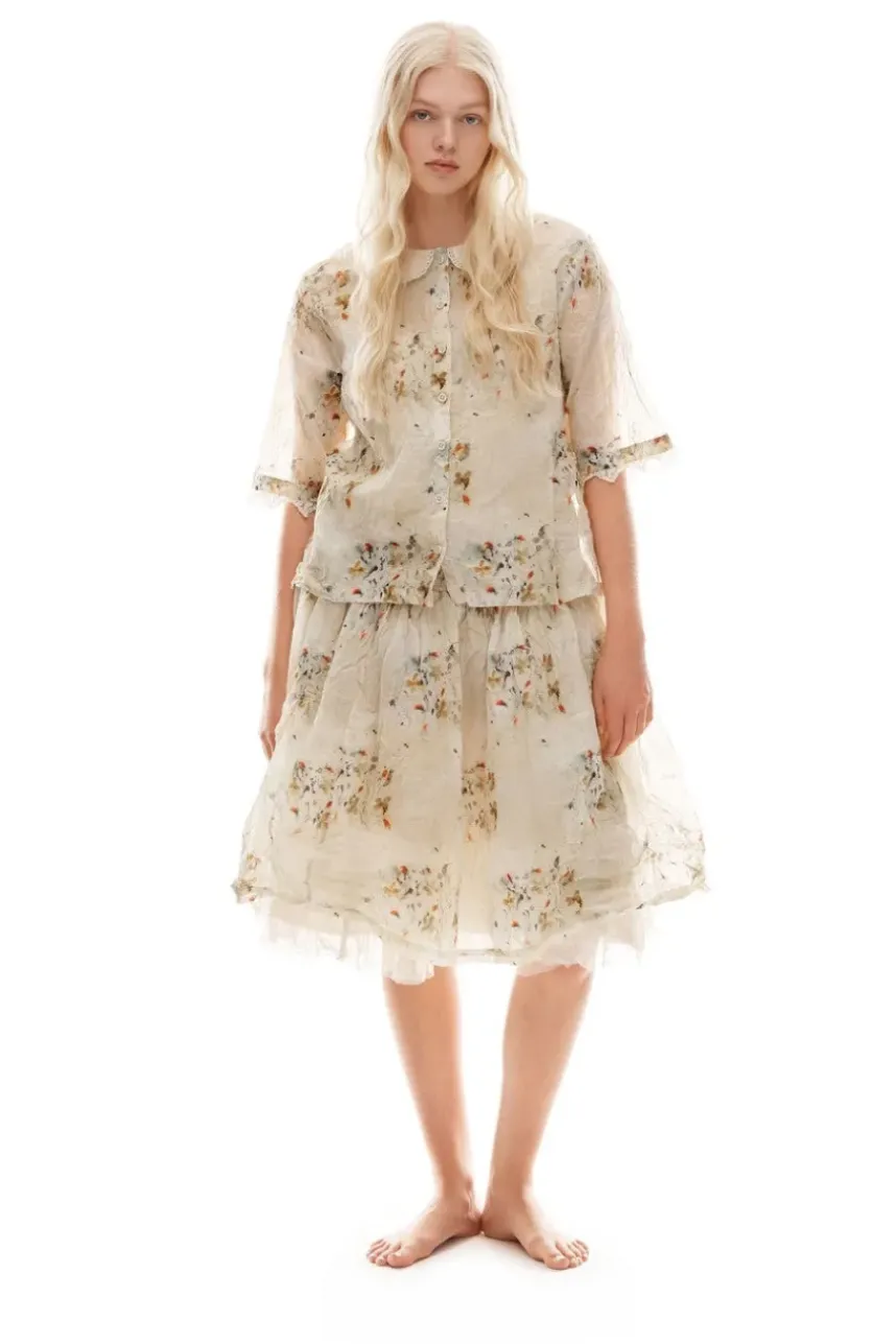 Ewa i Walla Bluse 44972 BLENDA in pastellgelb mit Flowerprint (flower print) - Organza aus reiner Baumwolle