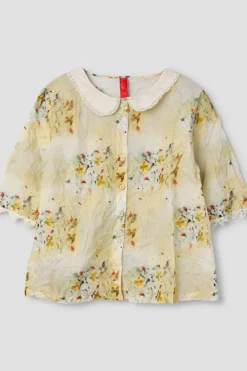 Ewa i Walla Bluse 44972 BLENDA in pastellgelb mit Flowerprint (flower print) - Organza aus reiner Baumwolle