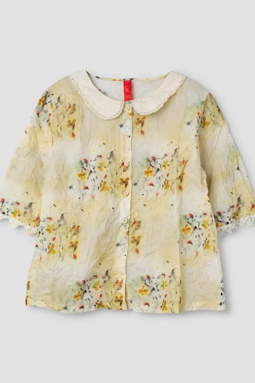 Ewa i Walla Bluse 44972 BLENDA in pastellgelb mit Flowerprint (flower print) - Organza aus reiner Baumwolle