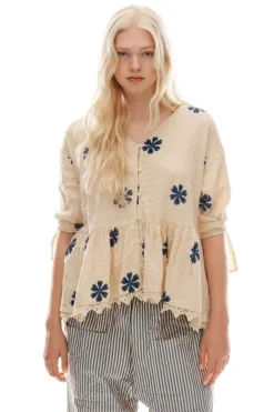 Ewa i Walla Bluse 44956 GUNBORG in creme mit Flowerprint (blue flower) - reine Baumwolle aus groben Gewebe