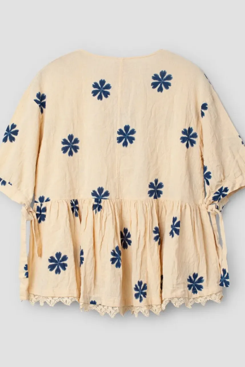 Ewa i Walla Bluse 44956 GUNBORG in creme mit Flowerprint (blue flower) - reine Baumwolle aus groben Gewebe