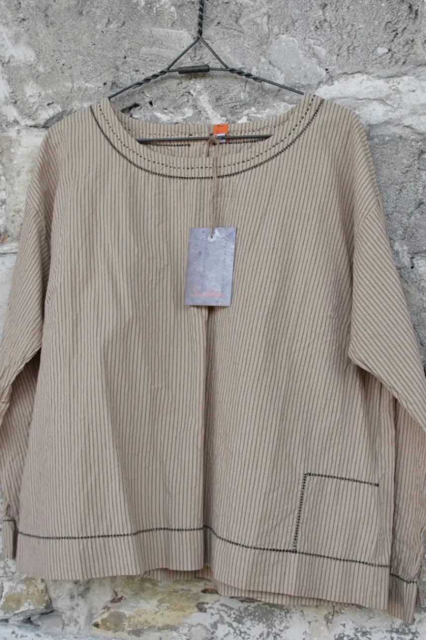 Ewa i Walla Bluse 44869 HERA in beige mit schwarzen Streifen - reine Knitterbaumwolle