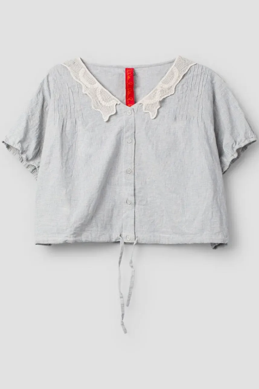 Ewa i Walla Bluse LULA 44139 in hellblau zart kariert (original) - Baumwolle mit Leinen