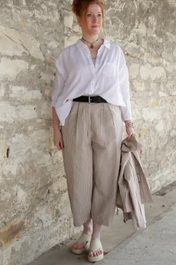 Ewa i Walla Hose BOTVI 11426 in beige mit Streifen in blau-rosa - Leinen mit Baumwolle