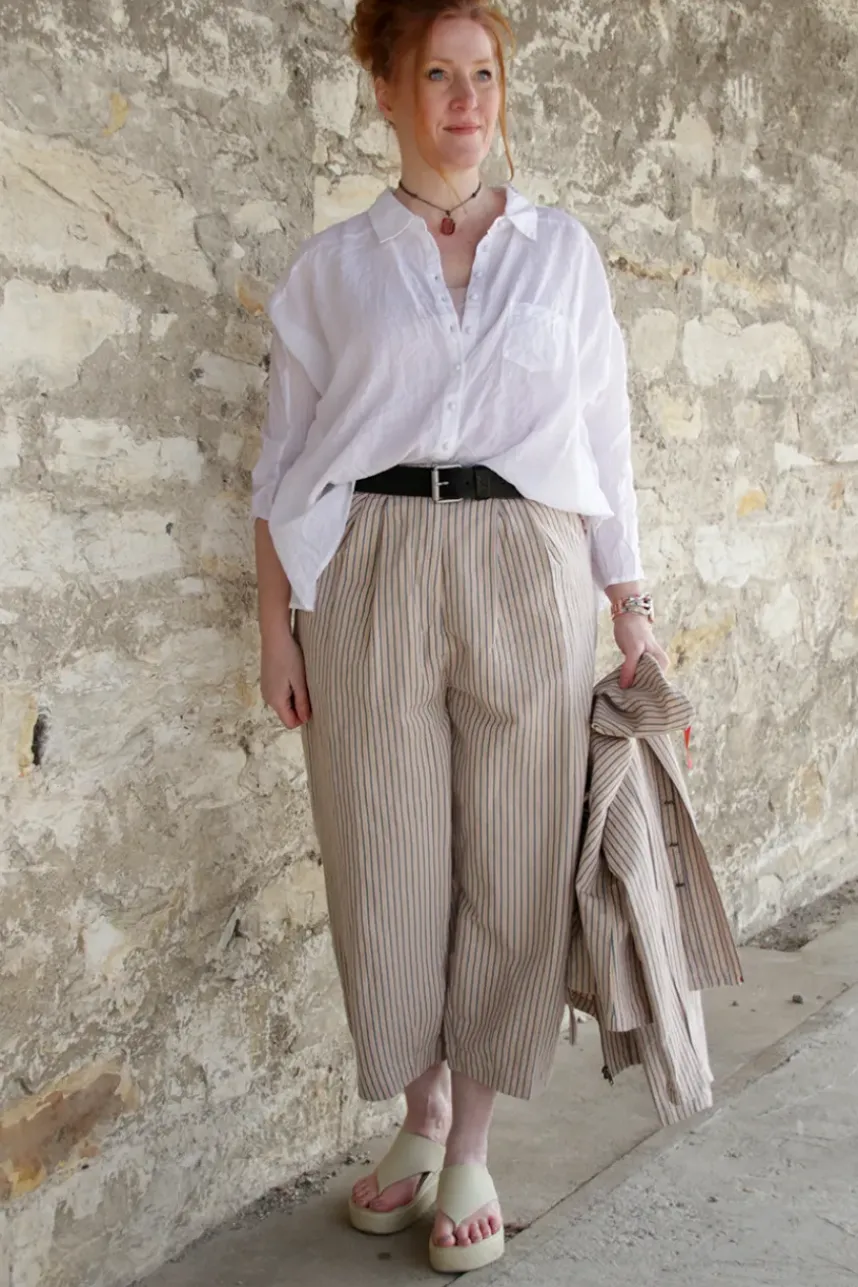 Ewa i Walla Hose BOTVI 11426 in beige mit Streifen in blau-rosa - Leinen mit Baumwolle