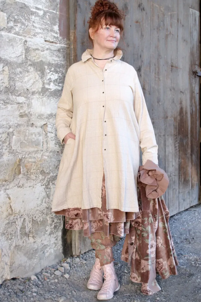 Les Ours Hemd LAVANDE mit Hahnentriffmuster in creme-caramel - softe Damast-Baumwolle