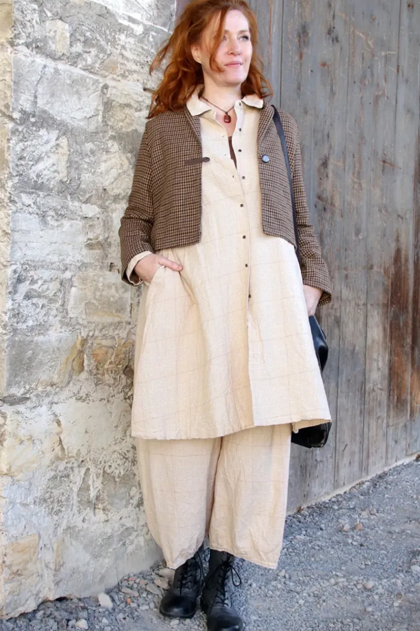 Les Ours Hose GUS mit Hahnentrittmuster in creme-caramel - softe Damast-Baumwolle