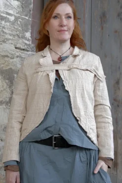 Les Ours Jacke LIMOUNE mit Hahnentrittmuster in creme-caramel - softe Damast-Baumwolle